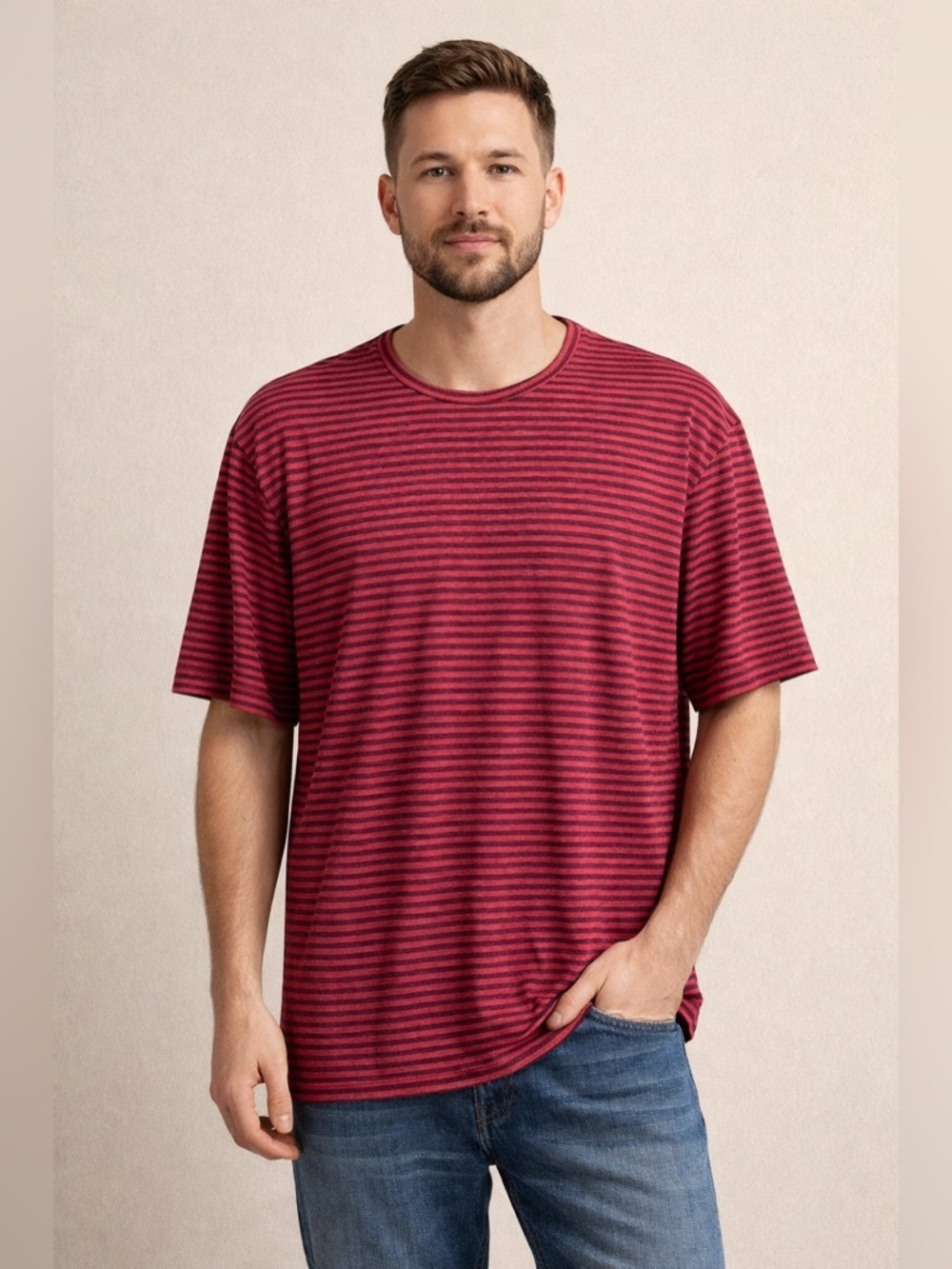 J. McLaughlin Men's Burgundy and Black Striped Crewneck Tee-Linen/Spandex-NWT-XL